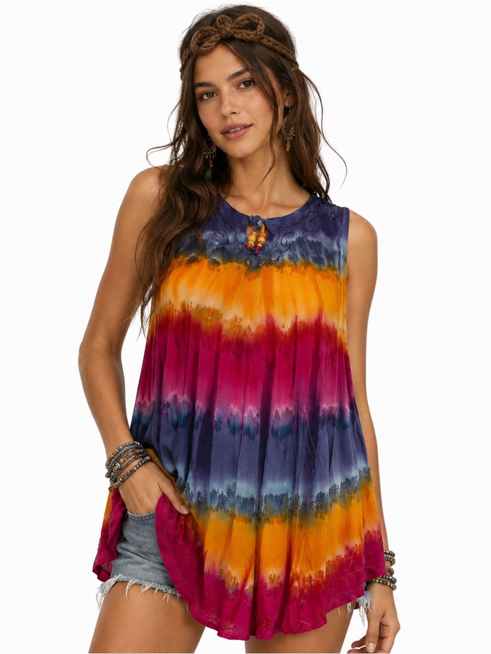 Ananda Fashion Vibrant Tie Dye Ombré Tunic Top Womens SZ OS Tropic Beach Coverup